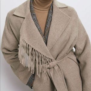 Zara Camel Belted Wool Coat w/Fringe Sz S